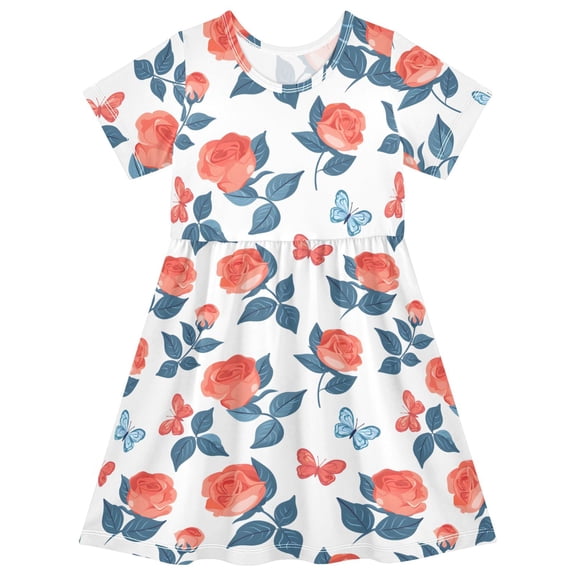 joogoo Roses Flowers with Leaves Girls' Short Sleeve Dress Kids Dresses 5-6T