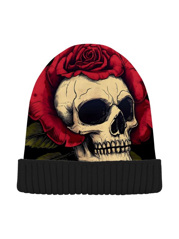 Roses Skull Beanie Hats Cuffed Winter Warm Knit Thick Beanies