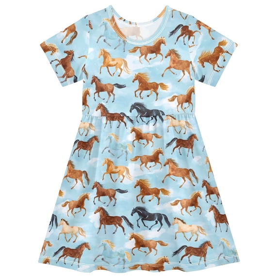 joogoo Running Horse Blue Girls' Short Sleeve Dress Kids Dresses 5-6T