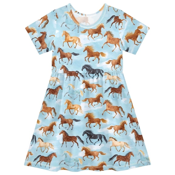 joogoo Running Horse Blue Girls' Short Sleeve Dress Kids Dresses 5-6T