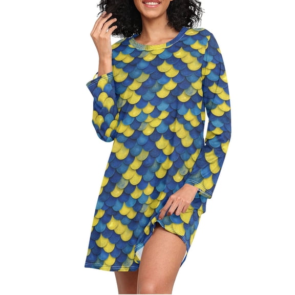 joogoo Scale Blue and Yellow Women's Long Sleeve Nightgown Sleepwear M