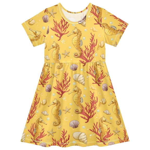 joogoo Seahorse Coral Summer Girls' Short Sleeve Dress Kids Dresses 5-6T