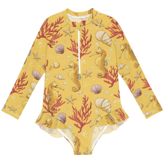 joogoo Seahorse Coral Summer Pattern Girls One-Piece Swimsuits UPF 50+ Long Sleeve Rash Guard Bathing Suit 5-6 Years