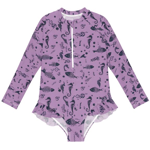 joogoo Seahorse Fish Bone Pattern Girls One-Piece Swimsuits UPF 50+ Long Sleeve Rash Guard Bathing Suit 7-8 Years