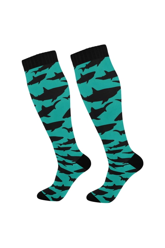 Shark Silhouette Green Socks Women Men Knee High Sock