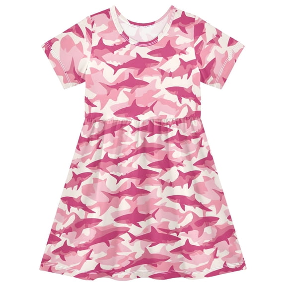 joogoo Sharks Pattern Girls' Short Sleeve Dress Kids Dresses 5-6T
