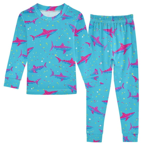 joogoo Sharks on Blue Pajamas Set Long Sleeve Soft Cotton Sleepwear 2 Piece 24M