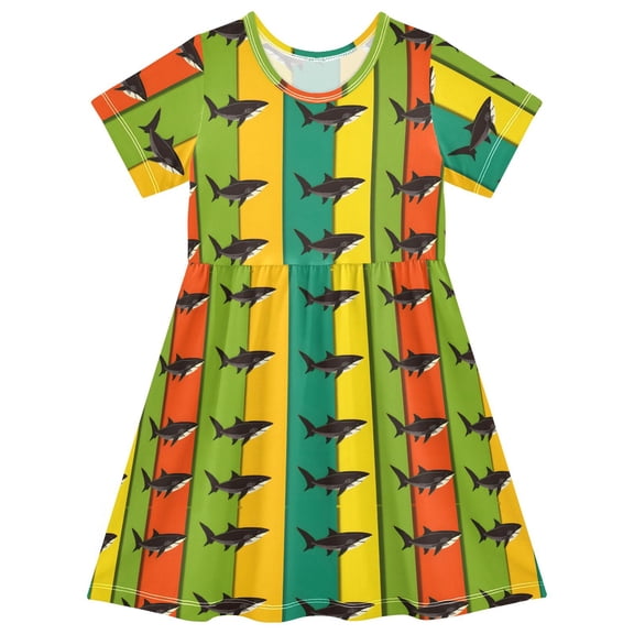 joogoo Sharks on Rainbow Girls' Short Sleeve Dress Kids Dresses 5-6T