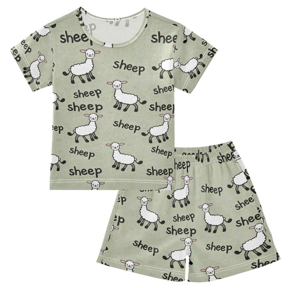 joogoo Sheep Cartoon Pattern Pajama Sets Short Sleeve Cotton 2-Piece Sleepwear 10Y
