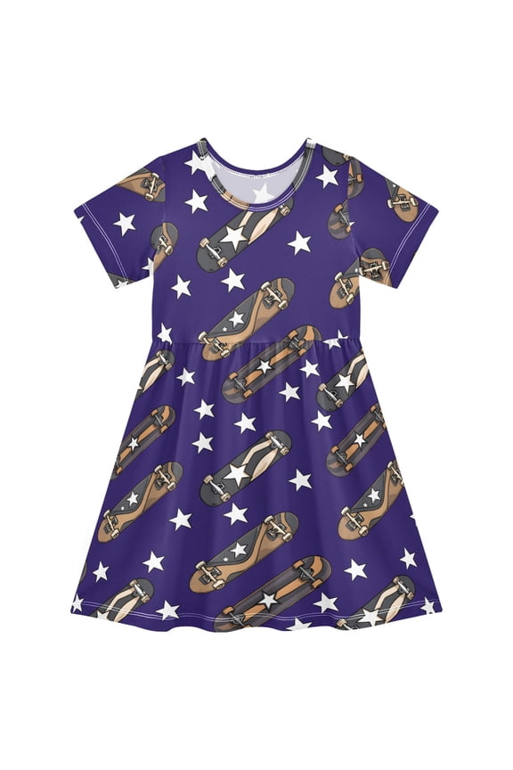 Skateboard Stars Blue Girls' Short Sleeve Dress Kids Dresses 2T