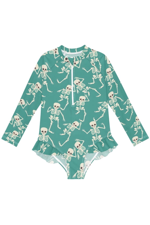 Skeleton Dancing Skull Pattern Girls One-Piece Swimsuits UPF 50+ Long Sleeve Rash Guard Bathing Suit 3 Years