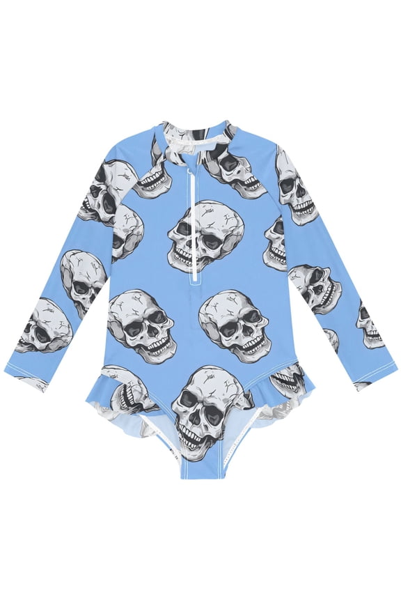 Skeleton Skull Head Pattern Girls One-Piece Swimsuits UPF 50+ Long Sleeve Rash Guard Bathing Suit 4 Years