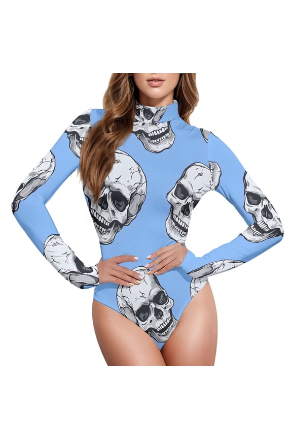 Skeleton Skull Head Women's Mock Turtle Neck Long Sleeve Bodysuit M
