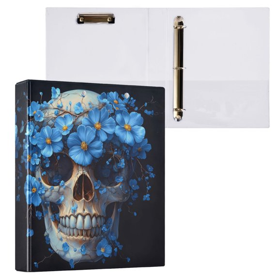 joogoo Skull Blue Flowers Hardcover 3 Ring Binder 1.5" Round Rings Interior Pockets Binders Organizer 1 Pack
