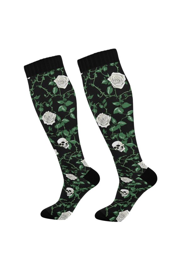 Skull Roses Leaf Socks Women Men Knee High Sock