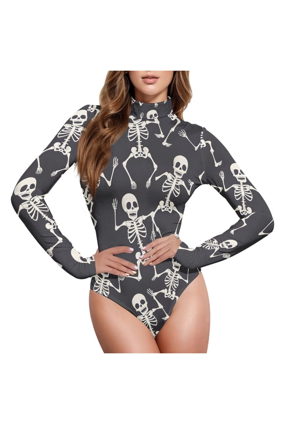 Skull Skeleton Dancing Women's Mock Turtle Neck Long Sleeve Bodysuit S