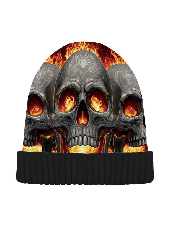 Skull with Flame Beanie Hats Cuffed Winter Warm Knit Thick Beanies