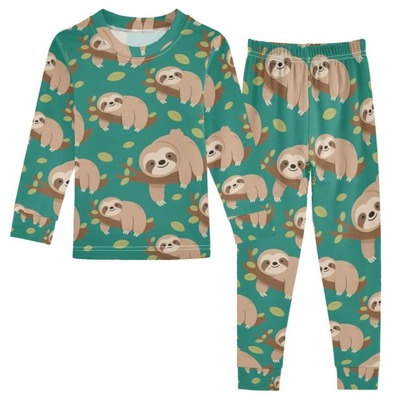 joogoo Sloth on Tree Branch 2 Piece Long Sleeve Tee and Pants Cotton Pajama Set 8Y