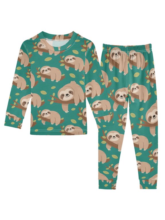 Sloth on Tree Branch Kids 2 Piece Long Sleeve Tee and Pants Pajama Set 8Y