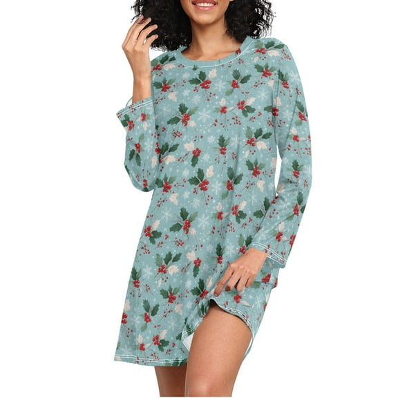joogoo Snowflakes Christmas Berry Women's Long Sleeve Nightgown Sleepwear XL