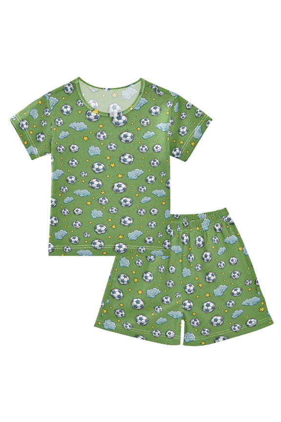 Soccer Balls Stars Pajama Sets Short Sleeve Cotton 2-Piece Sleepwear 10Y