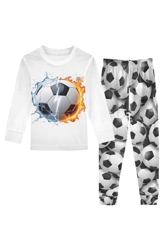Soccer with Fire 2 Piece Long Sleeve Tee and Pants Cotton Pajama Set 8Y