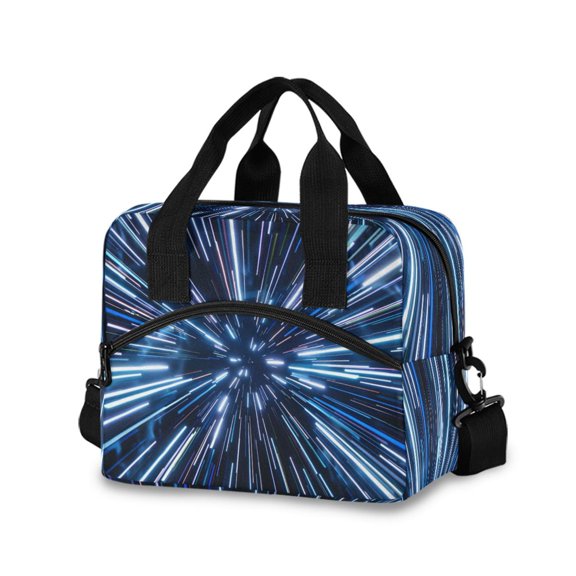 joogoo Space Light Blue Neon Stripes Insulated Lunch Bags Reusable Cooler Box with Shoulder Strap