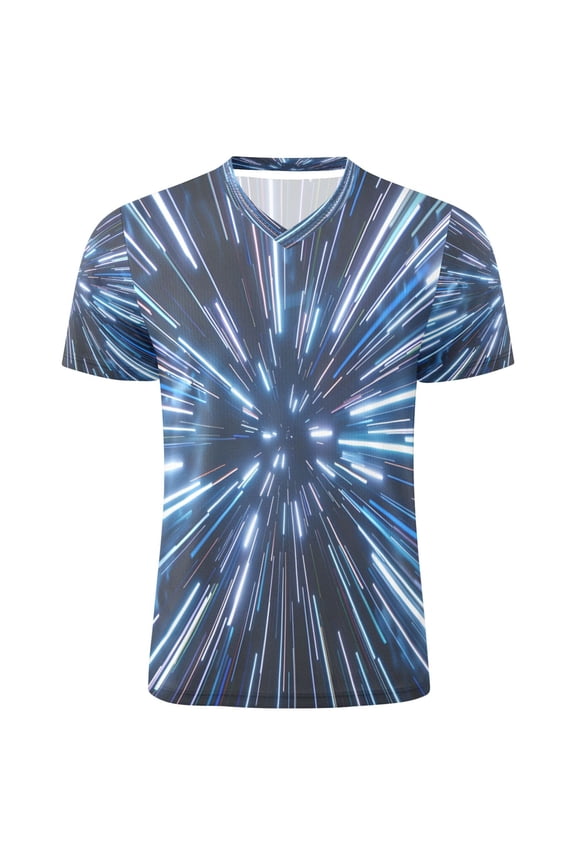 Space Light Blue Neon Stripes Men's Soccer Jersey Athletic Plus Size T-Shirt V-Neck Sport Fan Game Day Shirt X-Large