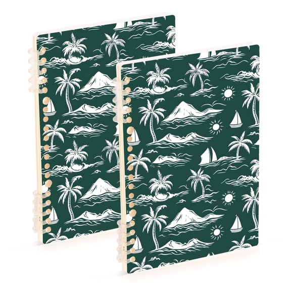 joogoo Spiral Journal Notebook Green Palm Tree Sailboat Sun Pattern College Ruled Notebooks 8.3" x 5.7" 2 PCs