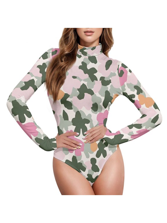 Spot Pattern Women's Mock Turtle Neck Long Sleeve Bodysuit S