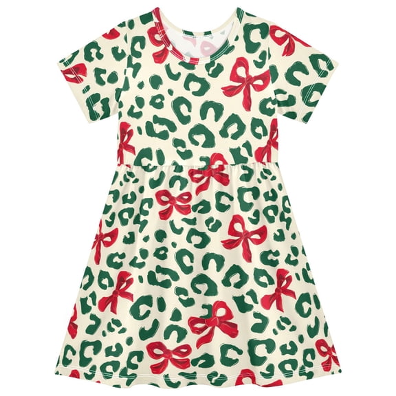 joogoo Spotted Bow Christmas Girls' Short Sleeve Dress Kids Dresses 5-6T
