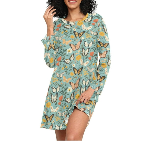joogoo Spring Butterflies Floral-a7 Women's Long Sleeve Nightgown Sleepwear XXL