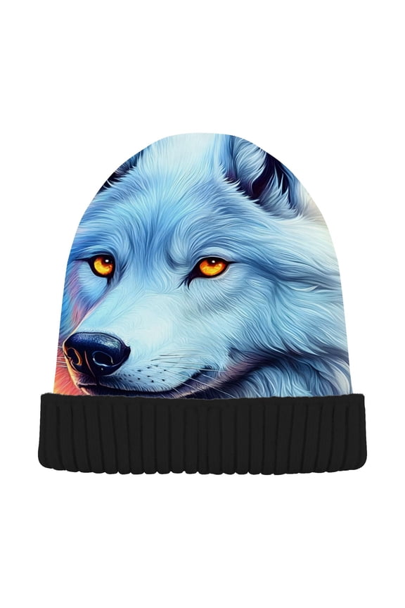 Starry with Wolf Beanie Hats Cuffed Winter Warm Knit Thick Beanies