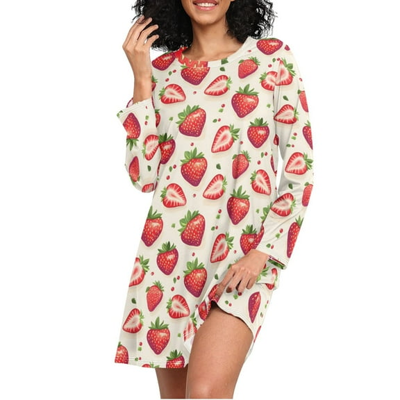 joogoo Strawberries Women's Long Sleeve Nightgown Sleepwear XXXL