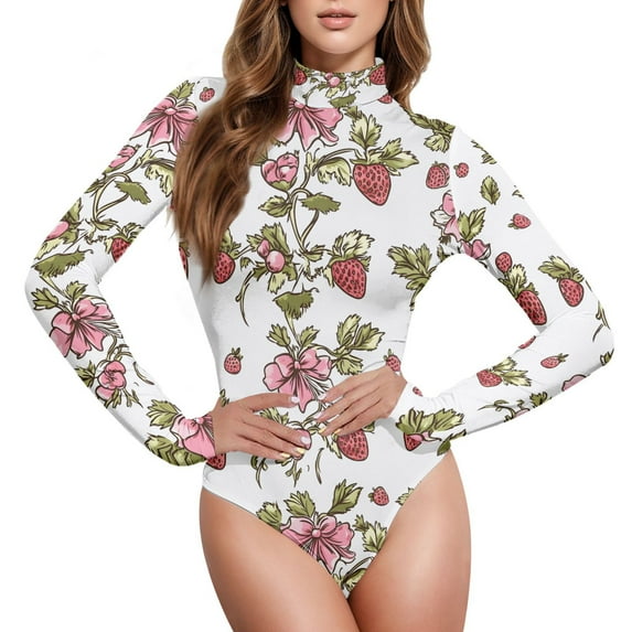 joogoo Strawberries Women's Mock Turtle Neck Long Sleeve Bodysuit L