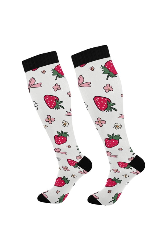 Strawberry Bows Floral Socks Women Men Knee High Sock
