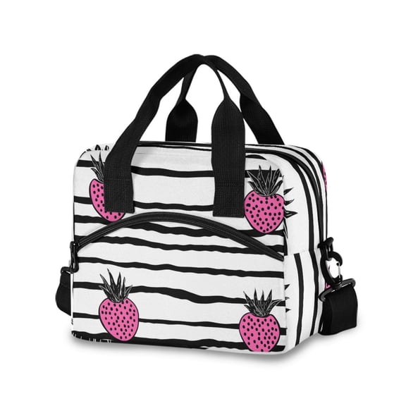 joogoo Strawberry on Stripes Insulated Lunch Bags Reusable Cooler Box with Shoulder Strap