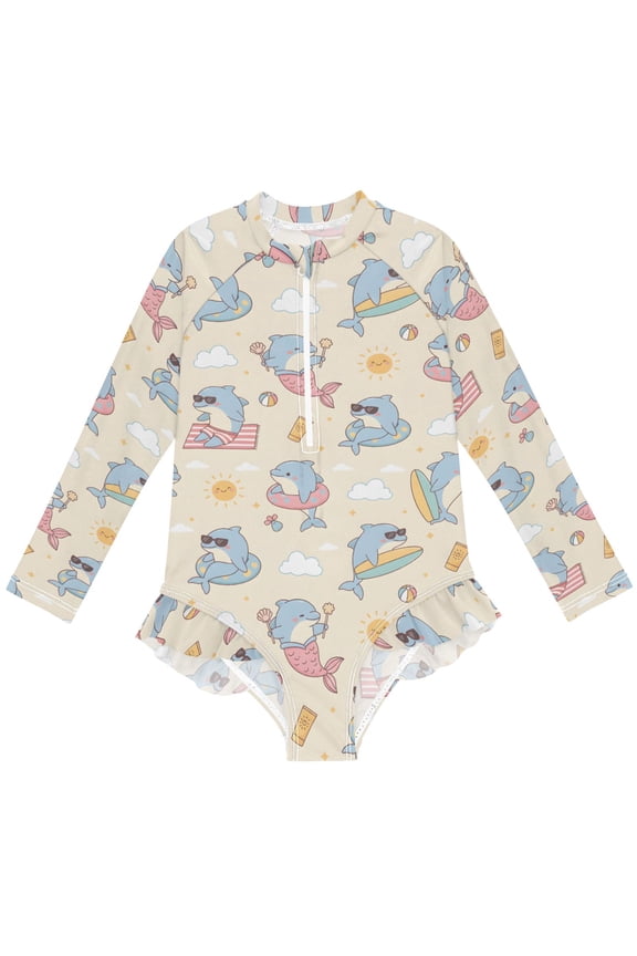 Summer Dolphin Pattern Girls One-Piece Swimsuits UPF 50+ Long Sleeve Rash Guard Bathing Suit 11-12 Years