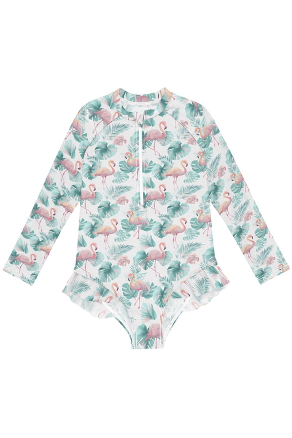 Summer Flamingo Tropical Leave Pattern Girls One-Piece Swimsuits UPF 50+ Long Sleeve Rash Guard Bathing Suit 4 Years