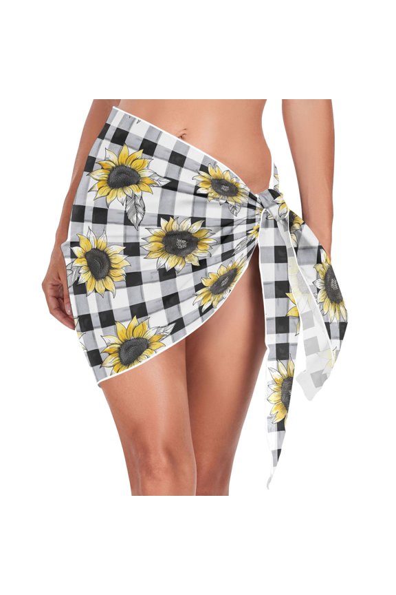 Sunflowers on Checkered Grid Women's Beach Sarong Bathing Suit Wrap Swimwear Cover Ups L