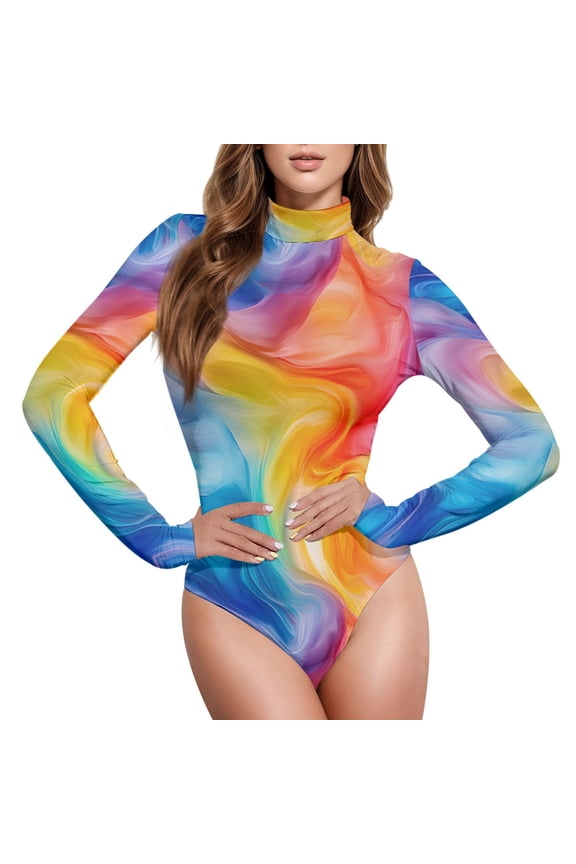 Swirling Rainbow Tie Dye Women's Mock Turtle Neck Long Sleeve Bodysuit XL