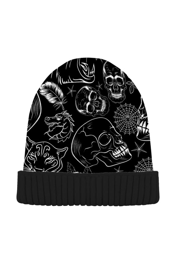 Tattoo Skeletons Skulls Beanie Hats Cuffed Winter Warm Knit Thick Beanies