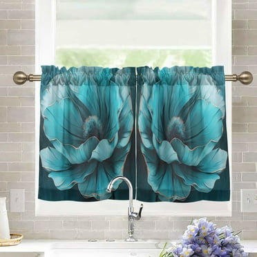 joogoo Teal Flower Curtains Sets Half Window Cafe Farmhouse Tier 2 Panels Short Curtain Rod Pocket 27"W x 24"L