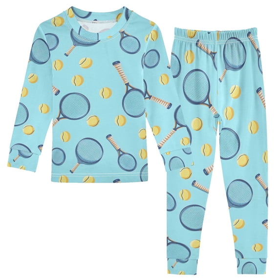 joogoo Tennis Racket Ball on Blue 2 Piece Long Sleeve Tee and Pants Cotton Pajama Set 8Y