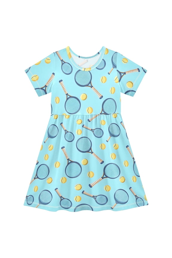 Tennis Racket Ball on Blue Girls' Short Sleeve Dress Kids Dresses 5-6T