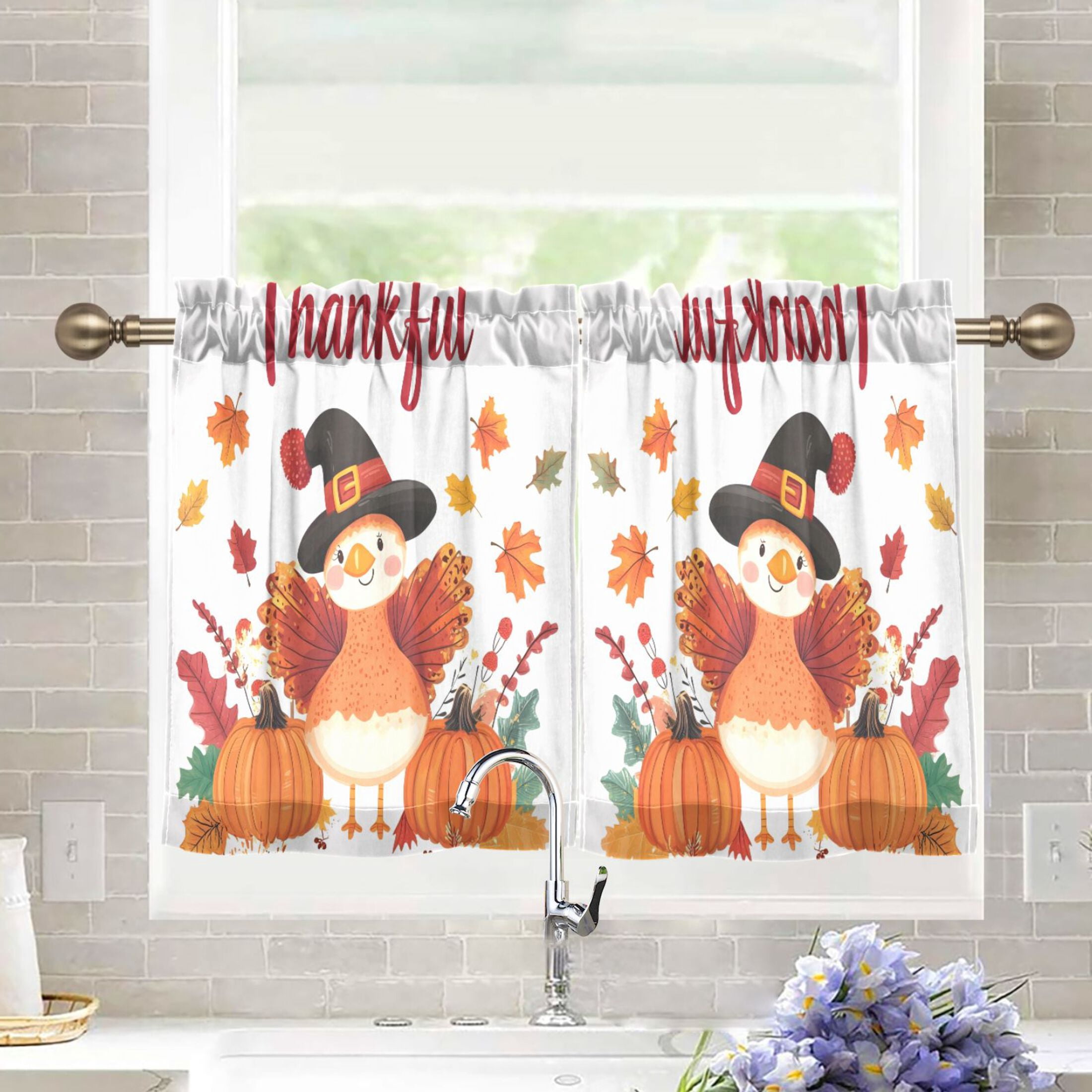joogoo Thankful Cute Turkey Curtains Sets Half Window Cafe Farmhouse ...