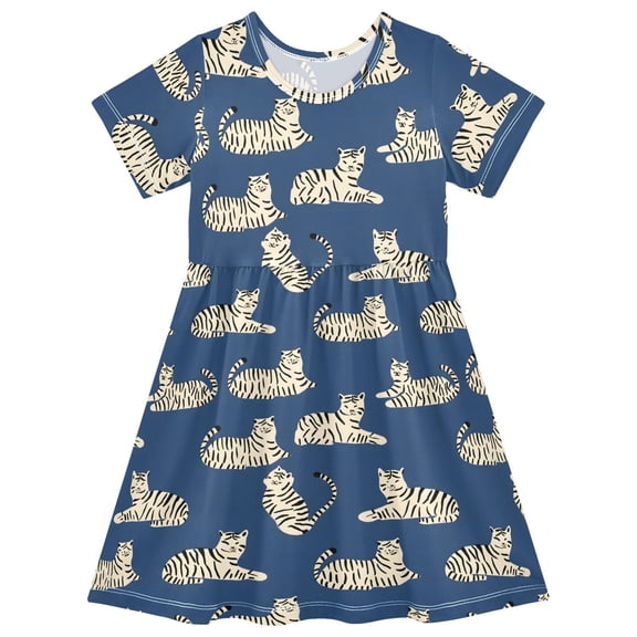 joogoo Tiger on Blue Girls' Short Sleeve Dress Kids Dresses 5-6T