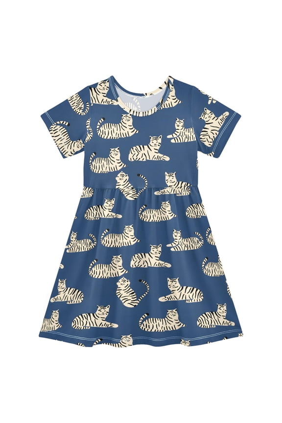 Tiger on Blue Girls' Short Sleeve Dress Kids Dresses 5-6T