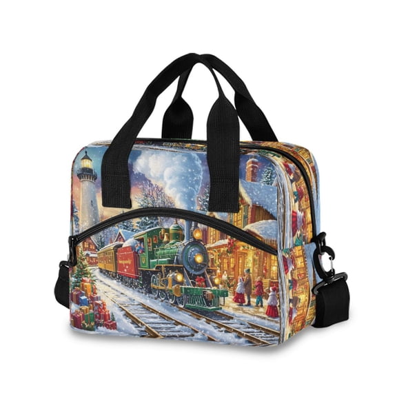 joogoo Train in Winter Christmas Insulated Lunch Bags Reusable Cooler Box with Shoulder Strap