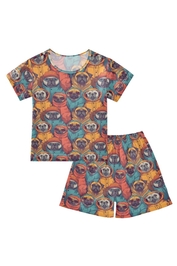 Trendy Pug and Bulldog Pajama Sets Short Sleeve Cotton 2-Piece Sleepwear 12Y
